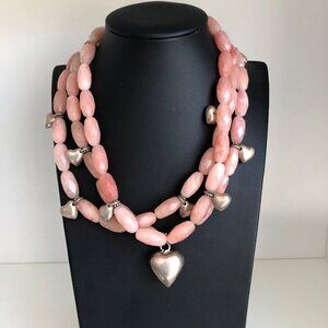 Rose‎ Quartz Triple Strand Necklace Puffy Sterling Silver Hearts Heavy 925 Pink